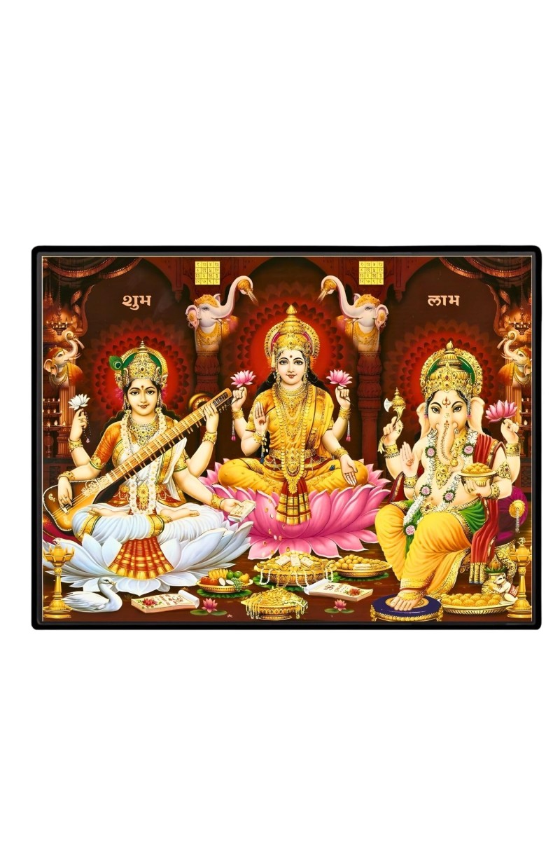 Lord Ganesha Maa Laxmi Sarswati Laminated Photo - 9x11 Inches, Divine Blessings For Home & Office And Temple Decoration (F16121)