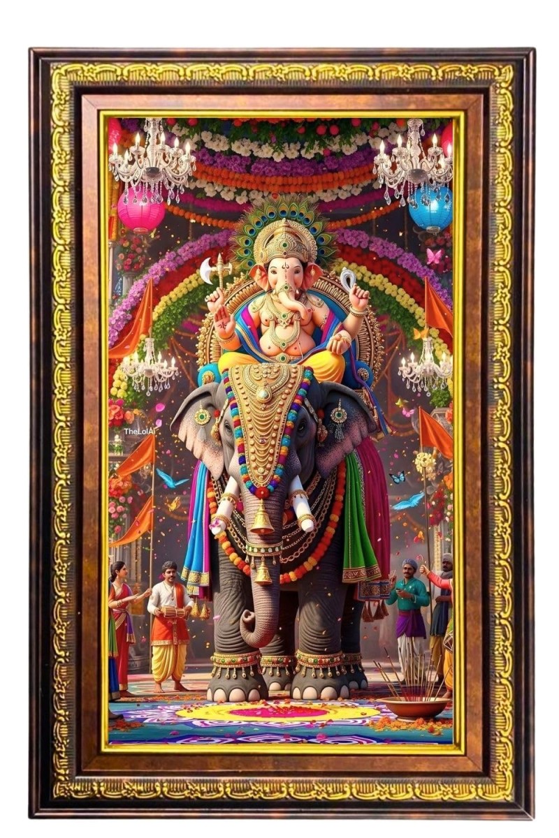 Lord Ganesha Digital Golden Balck Color Photo Frame | Hindu Religious Wall Decor | 18x24 Inches - Inspirational Wall Art For Office, Home Decor - Ideal Spiritual Gift (F16477)