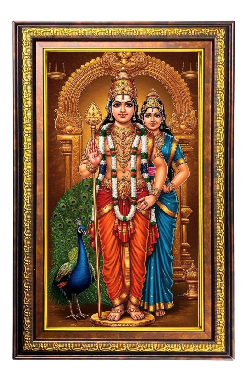 Lord Karthikeya And Valli Digital Golden Balck Color Photo Frame | Hindu Religious Wall Decor | 14x20 Inches - Inspirational Wall Art For Office, Home Decor - Ideal Spiritual Gift (F16474)