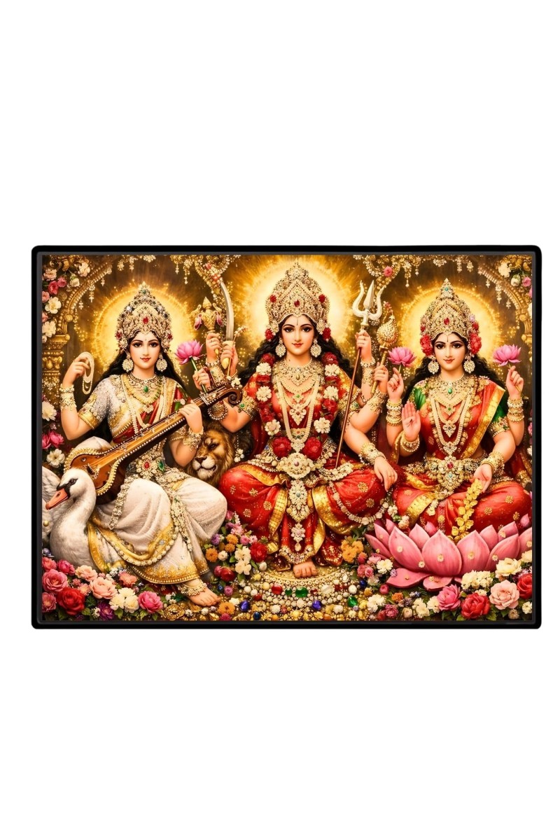 Lord Ganesha Maa Laxmi Sarswati Laminated Photo - 9x11 Inches, Divine Blessings For Home & Office And Temple Decoration (F16137)
