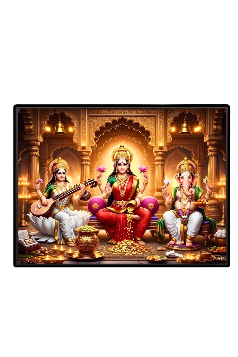 Lord Ganesha Maa Laxmi Sarswati Laminated Photo - 9x11 Inches, Divine Blessings For Home & Office And Temple Decoration (F16147)
