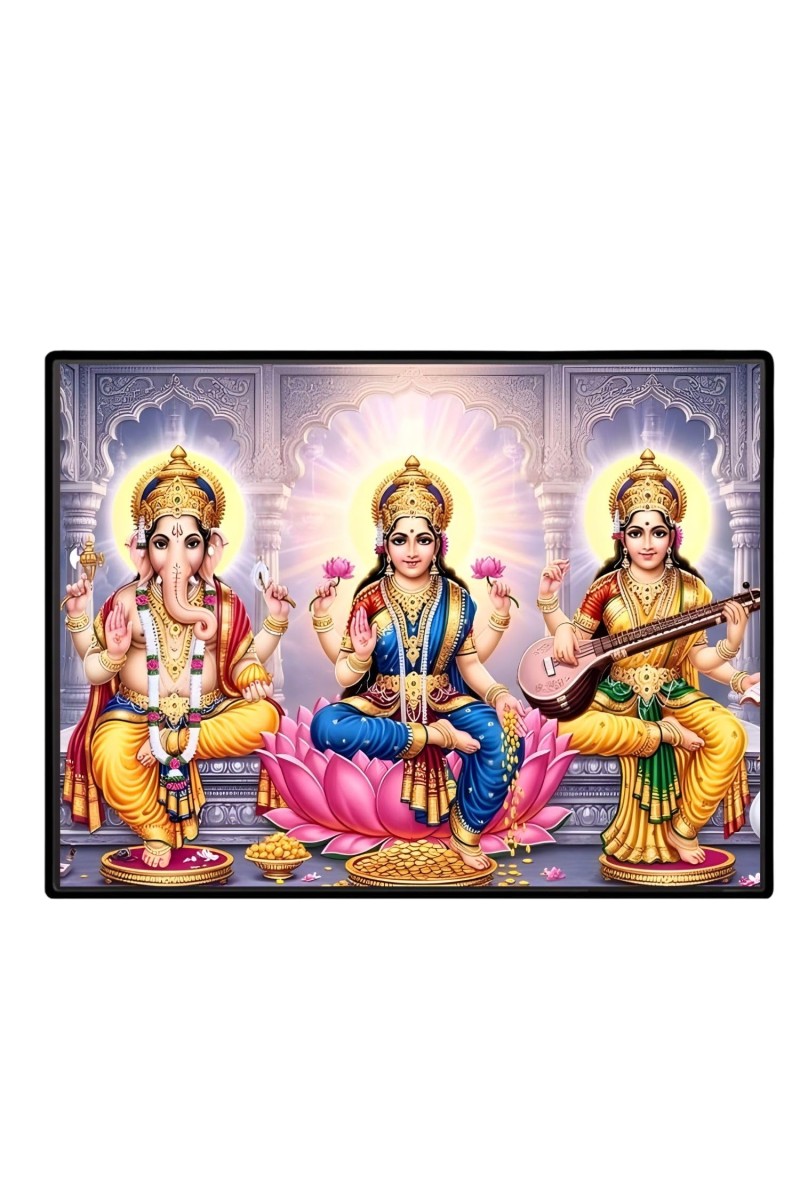 Lord Ganesha Maa Laxmi Sarswati Laminated Photo - 9x11 Inches, Divine Blessings For Home & Office And Temple Decoration (F16142)