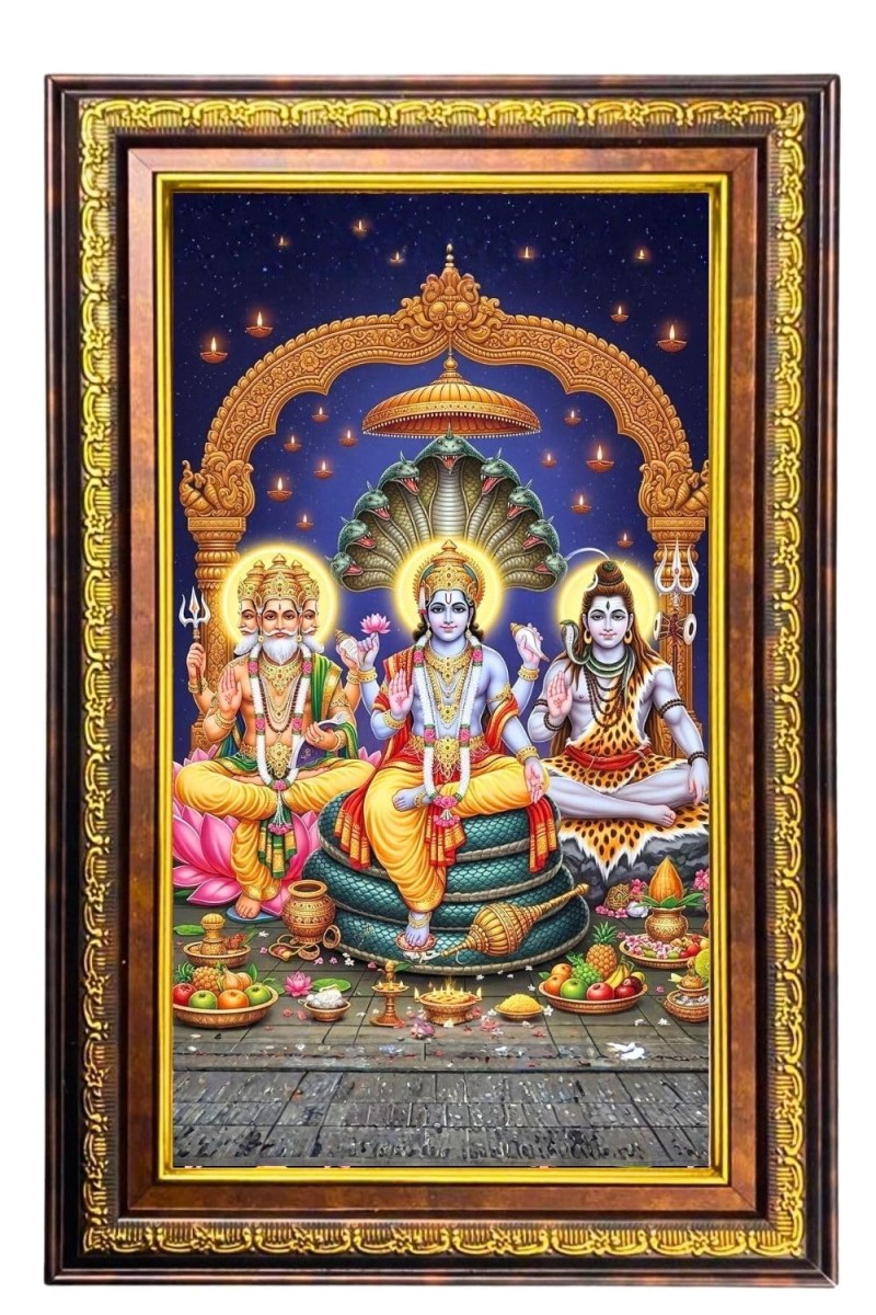 Bramha Vishnu Shiva Digital Golden Balck Color Photo Frame | Hindu Religious Wall Decor | 10x16 Inches - Inspirational Wall Art For Office, Home Decor - Ideal Spiritual Gift (F16922)