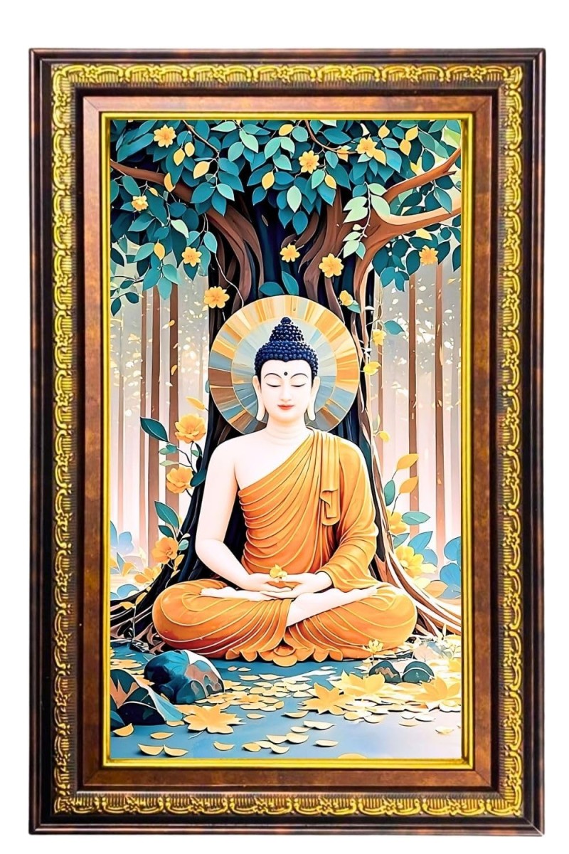 Serene Buddha Digital Golden Balck Color Photo Frame | Hindu Religious Wall Decor | 14x20 Inches - Inspirational Wall Art For Office, Home Decor - Ideal Spiritual Gift (F16483)