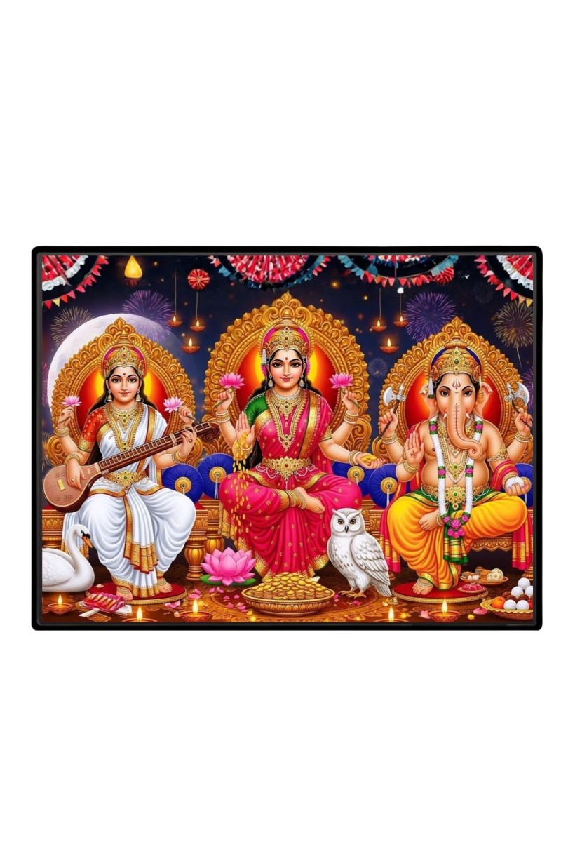 Lord Ganrsha Laxmi Saraswati Laminated Photo - 7x9 Inches, Divine Blessings For Home & Office And Temple Decoration (F16082)