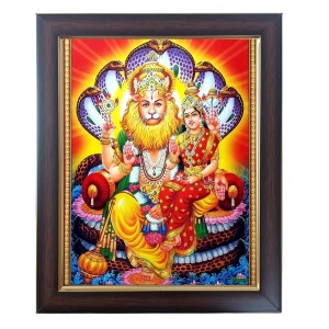 Hitech Sales Laxmi Narasimha Swamy Photo Frame for Pooja Room, Temple Decor, Home Decoration and Gift (Wall and Tabletop, Rectangular, Polystyrene Frame, Printed Photo, 24 x 29 cm, Black)
