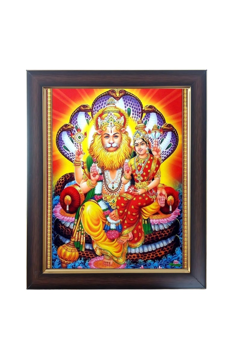 Hitech Sales Laxmi Narasimha Swamy Photo Frame for Pooja Room, Temple Decor, Home Decoration and Gift (Wall and Tabletop, Rectangular, Polystyrene Frame, Printed Photo, 24 x 29 cm, Black)