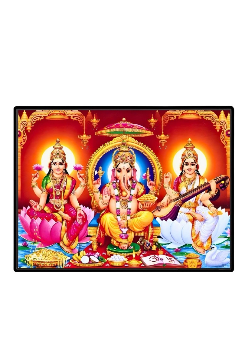 Lord Ganesha Maa Laxmi Sarswati Laminated Photo - 7x9 Inches, Divine Blessings For Home & Office And Temple Decoration (F16132)