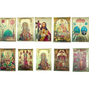 Golden Foil Hindu God Photo (set of 10) | Gold Plated Religious Wall Decor | Pooja Room Mandir Decoration | Gift for Diwali, Housewarming & Festivals (8x12)