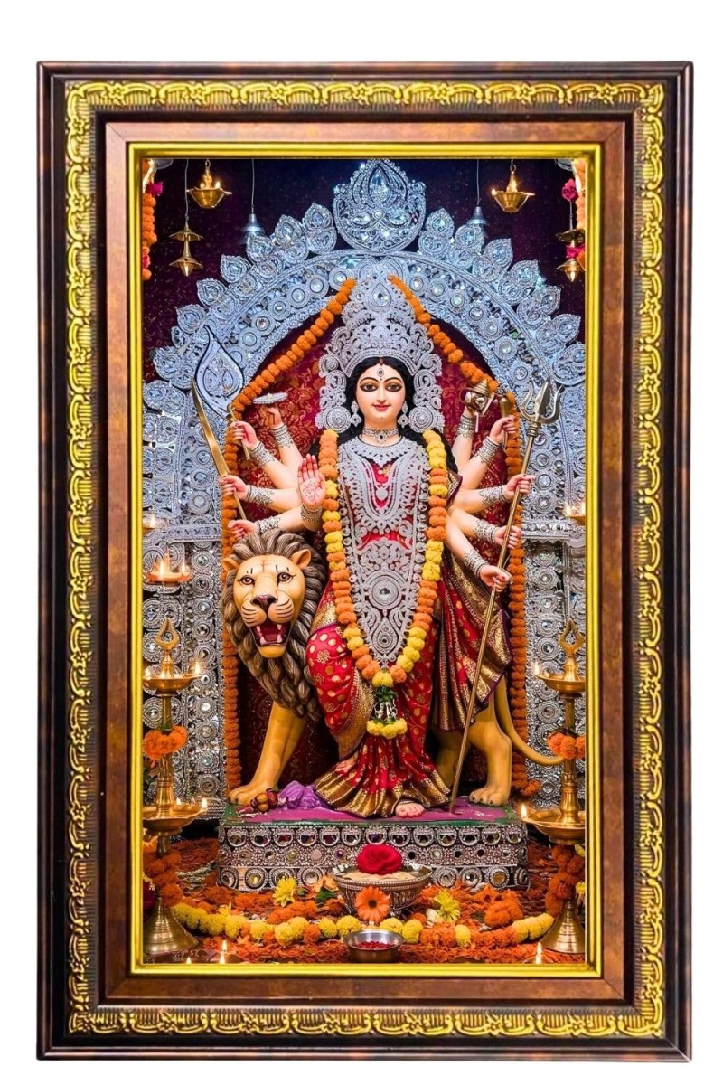 Goddess Durga Digital Golden Balck Color Photo Frame | Hindu Religious Wall Decor | 18x24 Inches - Inspirational Wall Art For Office, Home Decor - Ideal Spiritual Gift (F16907)