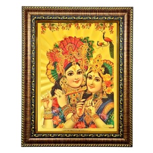 Hitech Sales Lord Sri Radha Krishna gold plated photo with Light Weighted Waterproof Glass Cover 9X7 Wooden Frames for Table, Temple Wall, Mandir, Gym, and Outdoor Spaces, Home Decor