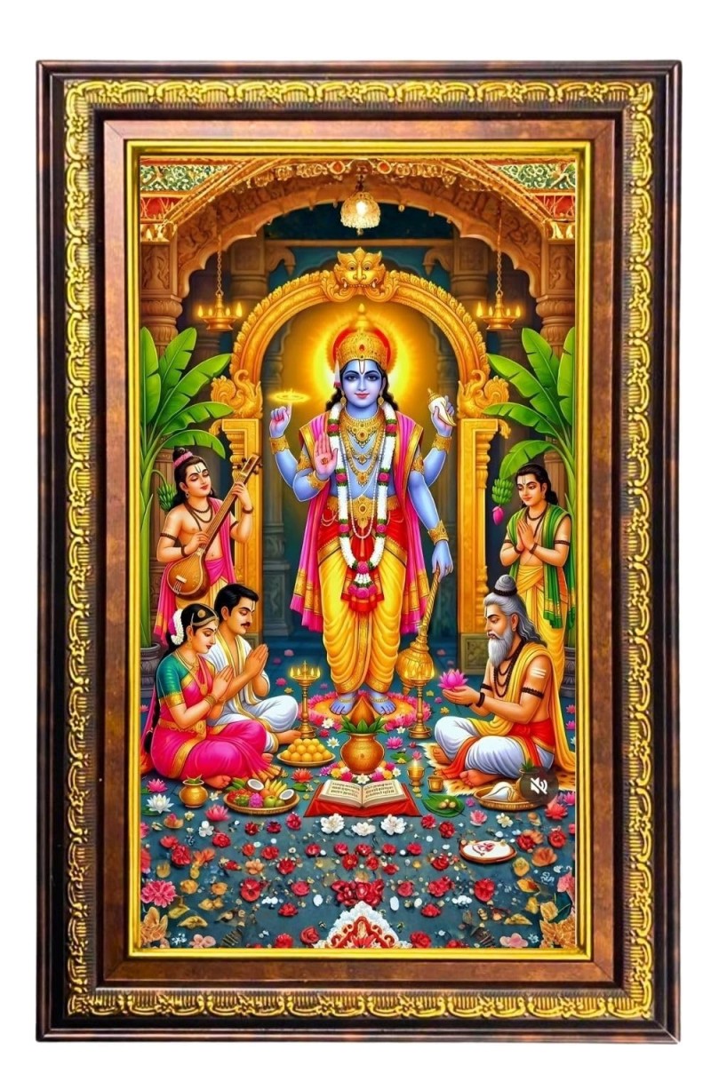Satyanarayana Swami Digital Golden Balck Color Photo Frame | Hindu Religious Wall Decor | 12x18 Inches - Inspirational Wall Art For Office, Home Decor - Ideal Spiritual Gift (F16804)