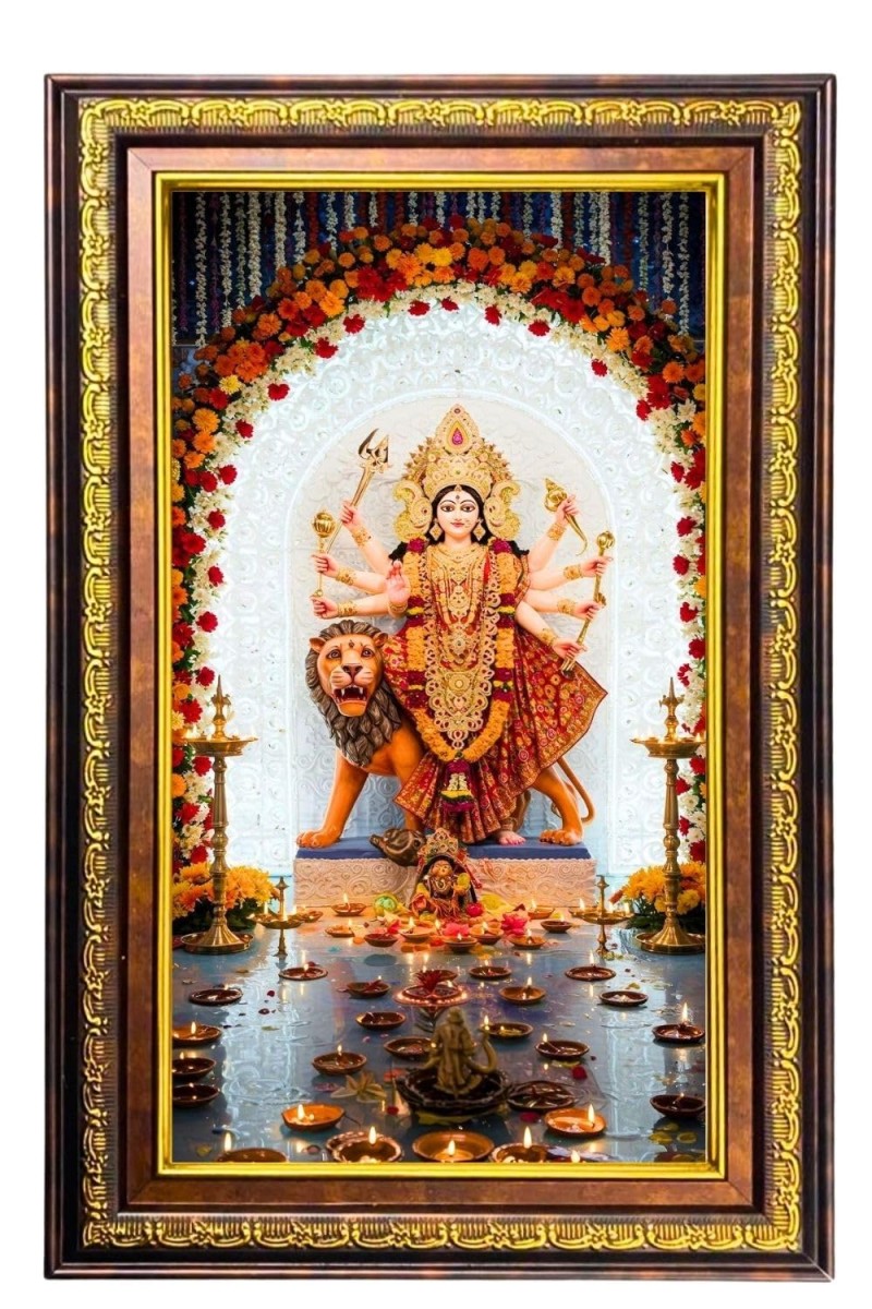 Goddess Durga Digital Golden Balck Color Photo Frame | Hindu Religious Wall Decor | 18x24 Inches - Inspirational Wall Art For Office, Home Decor - Ideal Spiritual Gift (F16908)