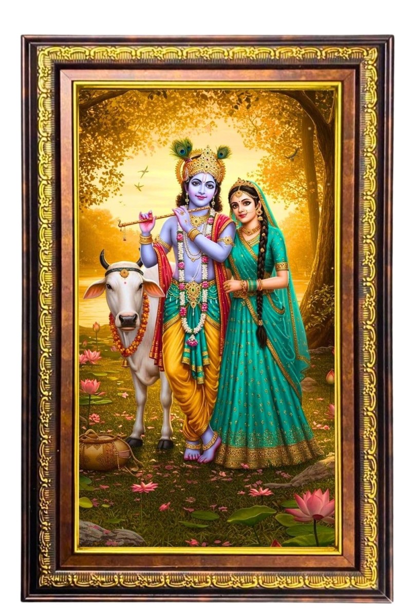 Lord Krishna And Radha Digital Golden Balck Color Photo Frame | Hindu Religious Wall Decor | 10x16 Inches - Inspirational Wall Art For Office, Home Decor - Ideal Spiritual Gift (F16547)