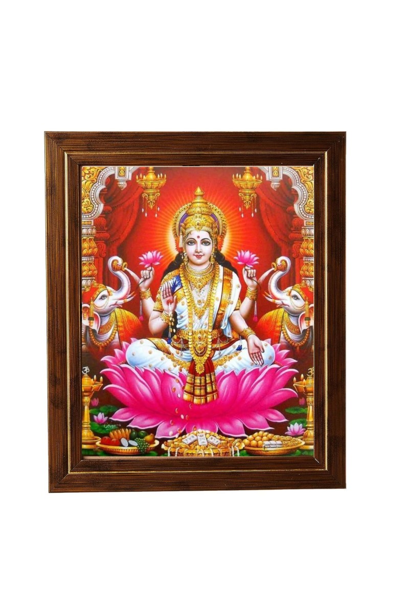 Hitech Sales Mata Lakshmi Devi Photo Frame for Pooja Room, Temple Decor, Home Decoration and Gift (Wall and Tabletop, Rectangular, Printed Photo, 12 x 14 inches Frame, Brown)