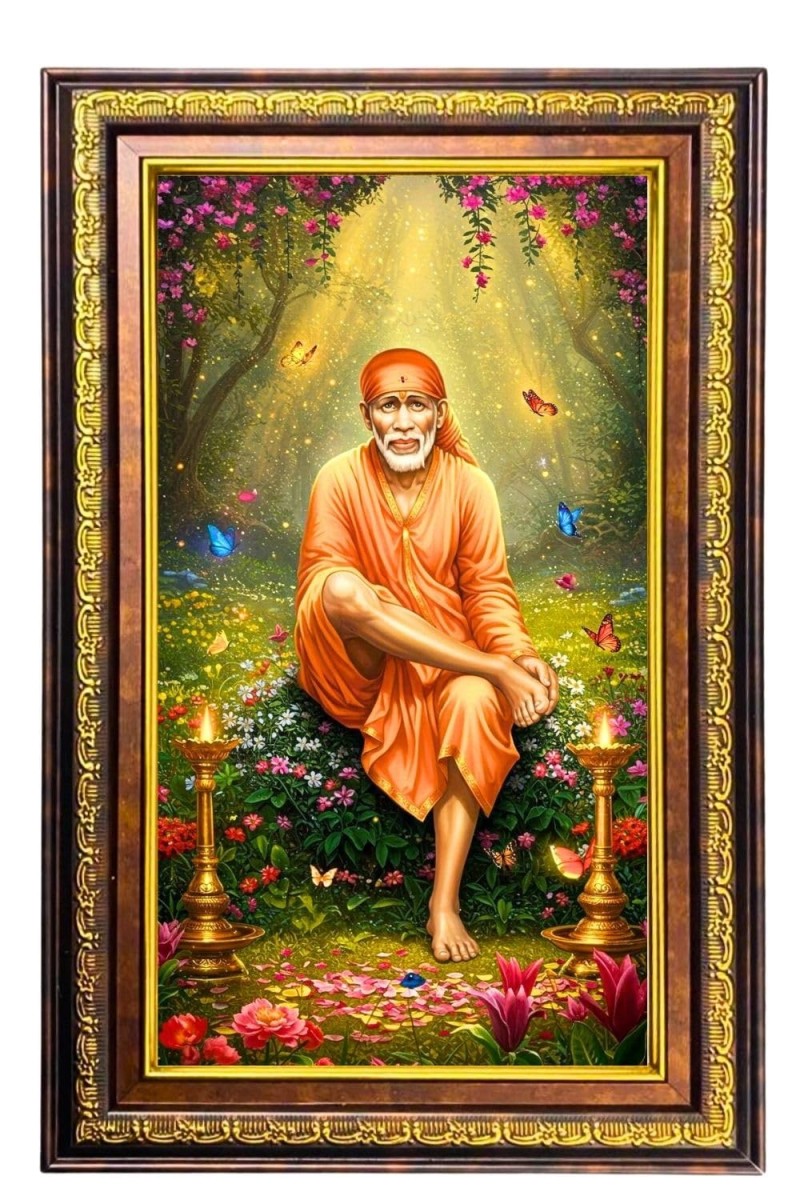 Lord Saibaba Digital Golden Balck Color Photo Frame | Hindu Religious Wall Decor | 16x22 Inches - Inspirational Wall Art For Office, Home Decor - Ideal Spiritual Gift (F16785)