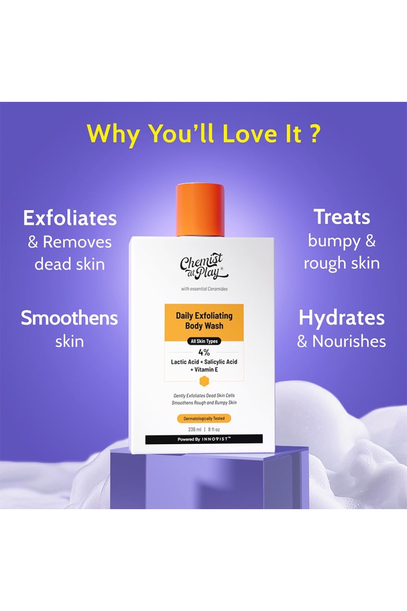 Chemist At Play Exfoliating Body Wash 236ml | Removes Tan, Fights Body Acne, Strawberry Skin | 4% (Salicylic Acid, Vitamin E & Lactic Acid) | Gentle Exfoliating Detan Shower Gel For Women & Men
