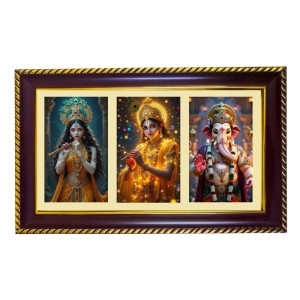 Radha-Krishna-Ganesha Photo Frame 8x4 Inch | Glossy Maroon Polystyrene Frame | Divine Wall & Table Decor | Temple Decoration & Gift Item (Pack Of 1) (F21306)