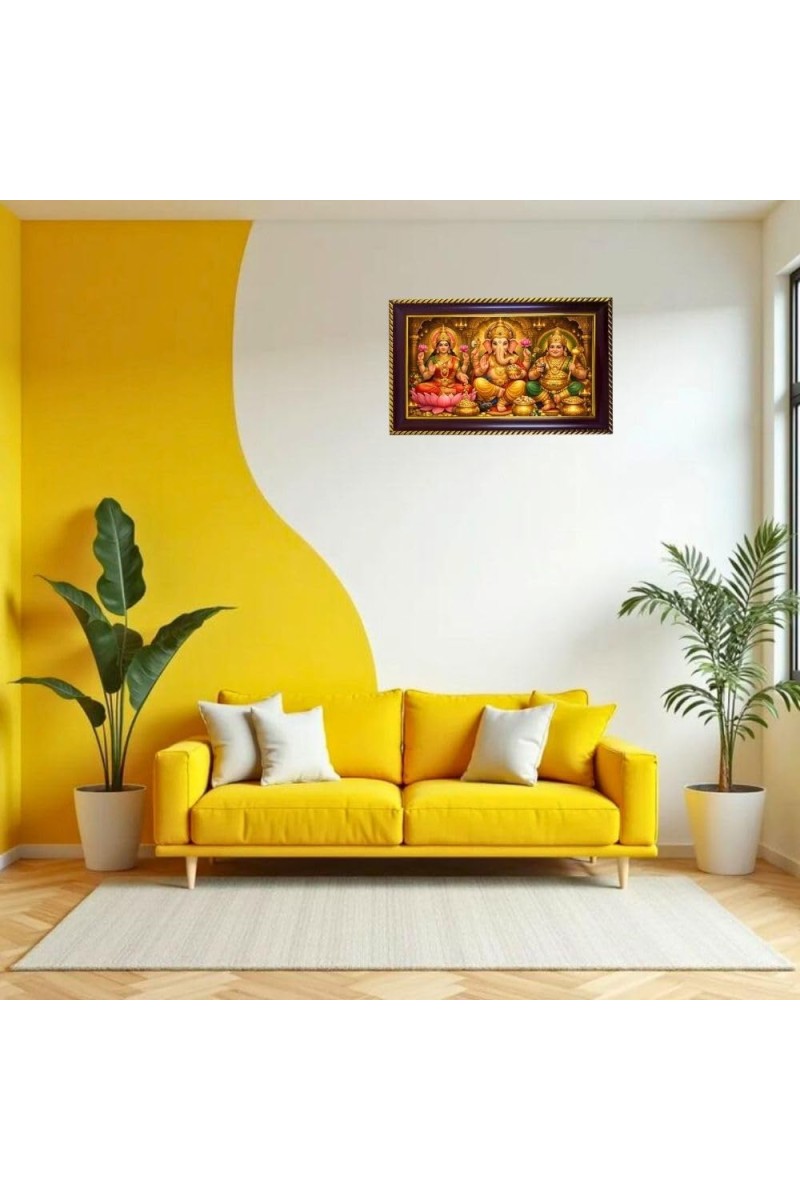 Lakshmi Kubera Ganesha Photo Frame 8x4 Inch | Glossy Maroon Polystyrene Frame | Divine Wall & Table Decor | Temple Decoration & Gift Item (Pack Of 1) (F20137)