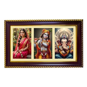 Radha-Krishna-Ganesha Photo Frame 8x4 Inch | Glossy Maroon Polystyrene Frame | Divine Wall & Table Decor | Temple Decoration & Gift Item (Pack Of 1) (F21300)