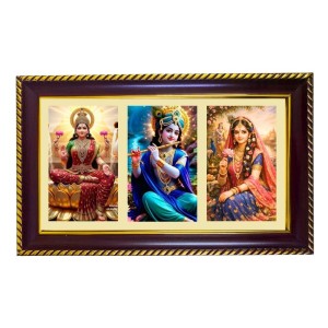 Lakshmi-Krishna-Radha Photo Frame 14x10 Inch | Glossy Maroon Polystyrene Frame | Divine Wall & Table Decor | Temple Decoration & Gift Item (Pack Of 1) (F20772)