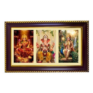 Lakshmi-Ganesha-Kartikeya Photo Frame 8x4 Inch | Glossy Maroon Polystyrene Frame | Divine Wall & Table Decor | Temple Decoration & Gift Item (Pack Of 1) (F20754)