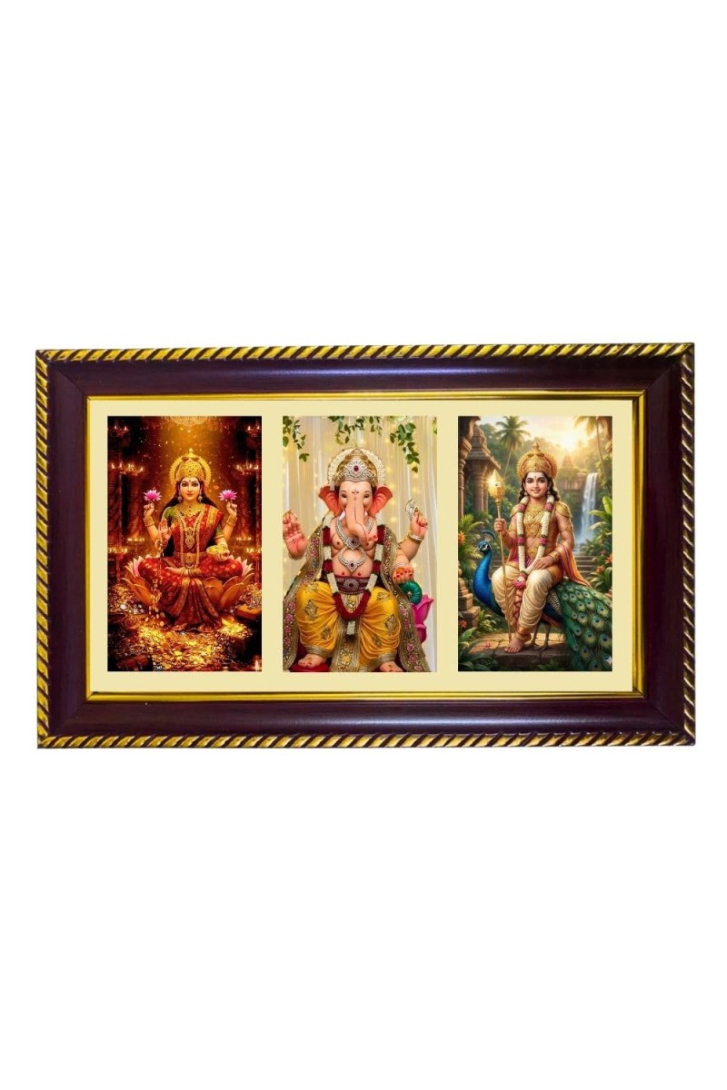 Lakshmi-Ganesha-Kartikeya Photo Frame 8x4 Inch | Glossy Maroon Polystyrene Frame | Divine Wall & Table Decor | Temple Decoration & Gift Item (Pack Of 1) (F20754)