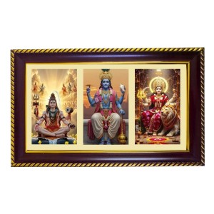 Shiva-Vishnu-Durga Photo Frame 8x4 Inch | Glossy Maroon Polystyrene Frame | Divine Wall & Table Decor | Temple Decoration & Gift Item (Pack Of 1) (F21357)