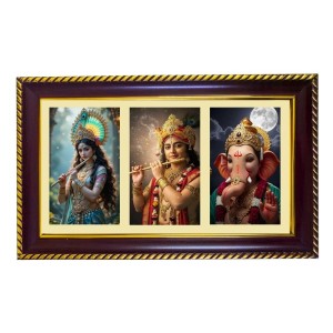 Radha-Krishna-Ganesha Photo Frame 8x4 Inch | Glossy Maroon Polystyrene Frame | Divine Wall & Table Decor | Temple Decoration & Gift Item (Pack Of 1) (F21307)