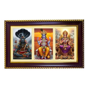 Shiva-Vishnu-Durga Photo Frame 8x4 Inch | Glossy Maroon Polystyrene Frame | Divine Wall & Table Decor | Temple Decoration & Gift Item (Pack Of 1) (F21375)