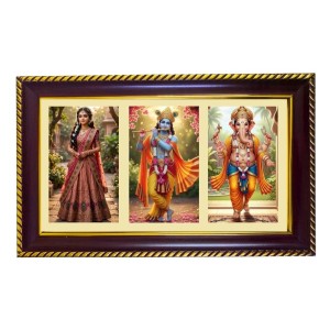 Radha-Krishna-Ganesha Photo Frame 8x4 Inch | Glossy Maroon Polystyrene Frame | Divine Wall & Table Decor | Temple Decoration & Gift Item (Pack Of 1) (F21302)