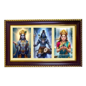 Shiva-Vishnu-Parvati Photo Frame 8x4 Inch | Glossy Maroon Polystyrene Frame | Divine Wall & Table Decor | Temple Decoration & Gift Item (Pack Of 1) (F21139)