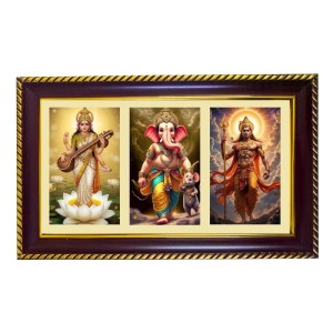 Sarswati-Ganesha-Vishnu Photo Frame 10x6 Inch | Glossy Maroon Polystyrene Frame | Divine Wall & Table Decor | Temple Decoration & Gift Item (Pack Of 1) (F21104)
