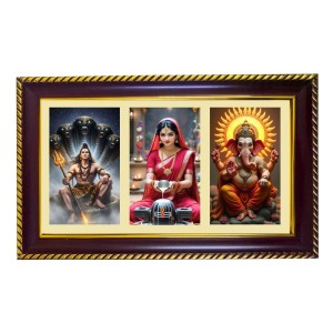 Shiva-Parvti-Ganpati Photo Frame 8x4 Inch | Glossy Maroon Polystyrene Frame | Divine Wall & Table Decor | Temple Decoration & Gift Item (Pack Of 1) (F20825)