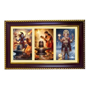 Shiva-Parvati-Ganesha Photo Frame 14x10 Inch | Glossy Maroon Polystyrene Frame | Divine Wall & Table Decor | Temple Decoration & Gift Item (Pack Of 1) (F21312)
