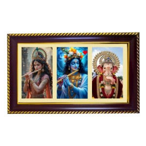 Radha-Krishna-Ganesha Photo Frame 8x4 Inch | Glossy Maroon Polystyrene Frame | Divine Wall & Table Decor | Temple Decoration & Gift Item (Pack Of 1) (F21309)