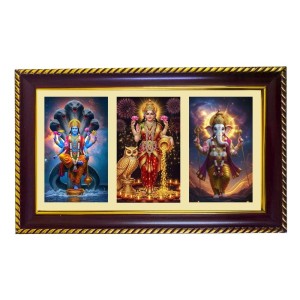 Vishnu-Lakshmi-Ganesha Photo Frame 10x6 Inch | Glossy Maroon Polystyrene Frame | Divine Wall & Table Decor | Temple Decoration & Gift Item (Pack Of 1) (F21019)
