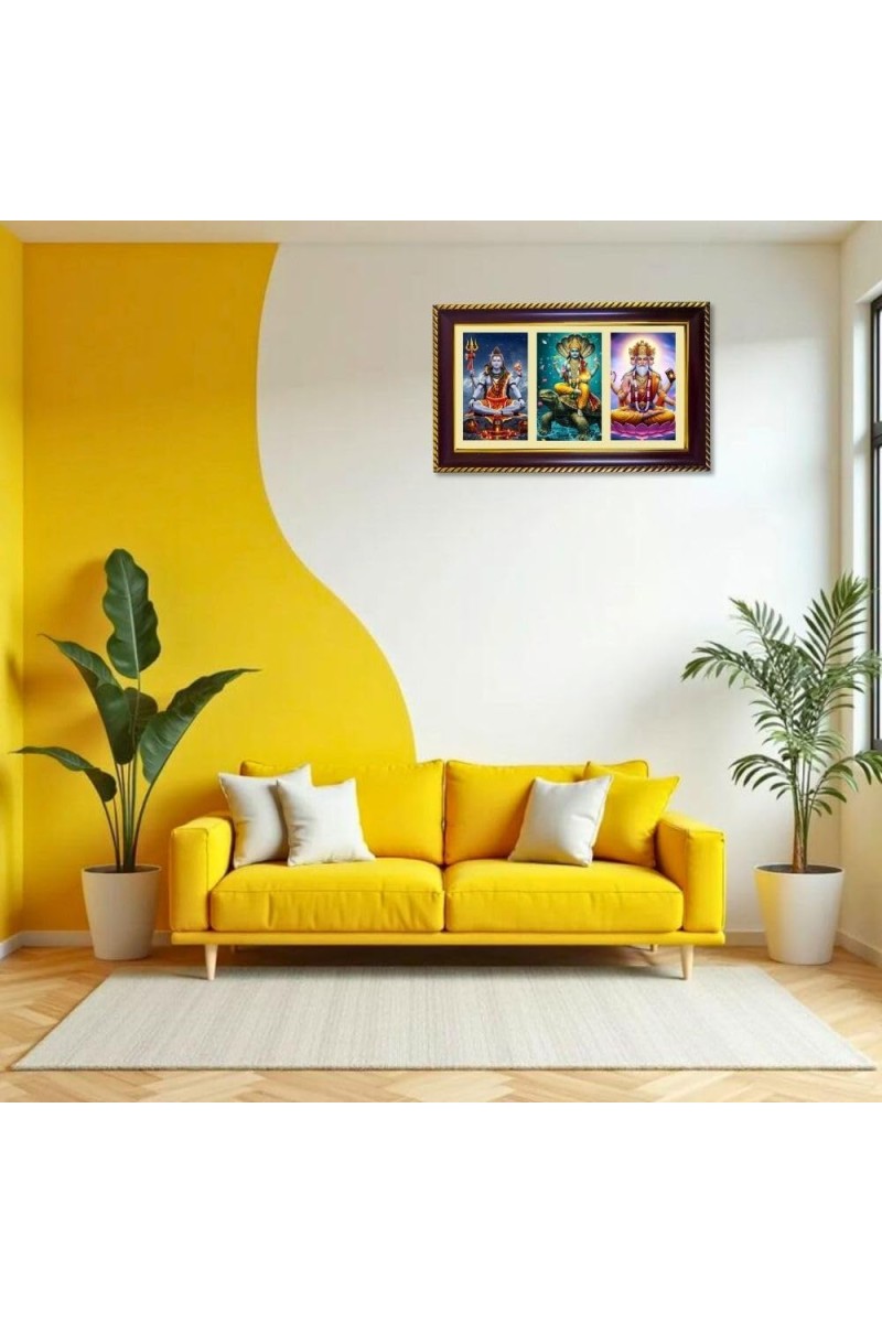 Shiva Vishnu-Bramha Photo Frame 12x8 Inch | Glossy Maroon Polystyrene Frame | Divine Wall & Table Decor | Temple Decoration & Gift Item (Pack Of 1) (F20879)