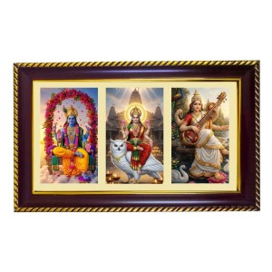Vishnu-Lakshmi-Sarswati Photo Frame 10x6 Inch | Glossy Maroon Polystyrene Frame | Divine Wall & Table Decor | Temple Decoration & Gift Item (Pack Of 1) (F21020)