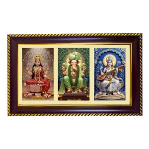 Lakshmi-Ganesha-Sarswati Photo Frame 8x4 Inch | Glossy Maroon Polystyrene Frame | Divine Wall & Table Decor | Temple Decoration & Gift Item (Pack Of 1) (F21290)
