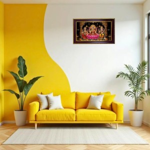 Lakshmi -Gannesha-Sarswati Photo Frame 14x10 Inch | Glossy Maroon Polystyrene Frame | Divine Wall & Table Decor | Temple Decoration & Gift Item (Pack Of 1) (F20075)