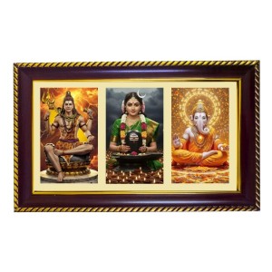Shiva-Parvati-Ganesha Photo Frame 14x10 Inch | Glossy Maroon Polystyrene Frame | Divine Wall & Table Decor | Temple Decoration & Gift Item (Pack Of 1) (F21313)