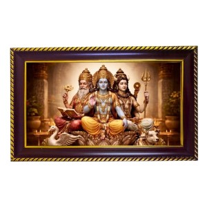 Trimurtii Lord Vishnu-Brahma-Mahesh Photo Frame 10x6 Inch | Glossy Maroon Polystyrene Frame | Divine Wall & Table Decor | Temple Decoration & Gift Item (Pack Of 1) (F20433)
