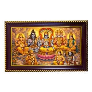 Vishnu, Shiva, And Brahma, Along With Ganesha, Hanuman Photo Frame 8x4 Inch | Glossy Maroon Polystyrene Frame | Divine Wall & Table Decor | Temple Decoration & Gift Item (Pack Of 1) (F20466)