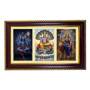 Shiva-Vishnu-Durga Photo Frame 8x4 Inch | Glossy Maroon Polystyrene Frame | Divine Wall & Table Decor | Temple Decoration & Gift Item (Pack Of 1) (F21346)