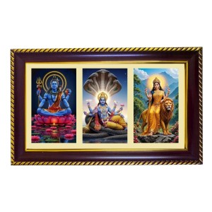 Shiva-Vishnu-Durga Photo Frame 8x4 Inch | Glossy Maroon Polystyrene Frame | Divine Wall & Table Decor | Temple Decoration & Gift Item (Pack Of 1) (F21347)