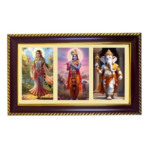 Radha-Krishna-Ganesha Photo Frame 8x4 Inch | Glossy Maroon Polystyrene Frame | Divine Wall & Table Decor | Temple Decoration & Gift Item (Pack Of 1) (F21310)