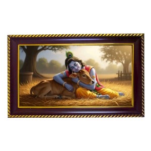 Lord Krishna Photo Frame 14x10 Inch | Glossy Maroon Polystyrene Frame | Divine Wall & Table Decor | Temple Decoration & Gift Item (Pack Of 1) (F20332)