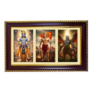 Vishnu-Hanuman-Garuda Photo Frame 8x4 Inch | Glossy Maroon Polystyrene Frame | Divine Wall & Table Decor | Temple Decoration & Gift Item (Pack Of 1) (F21018)
