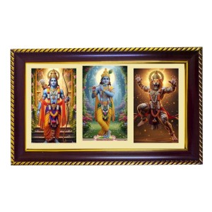 Ram-Krishna-Narshima Photo Frame 8x4 Inch | Glossy Maroon Polystyrene Frame | Divine Wall & Table Decor | Temple Decoration & Gift Item (Pack Of 1) (F21497)